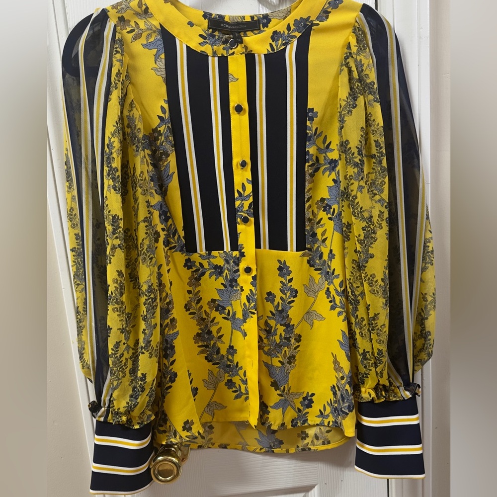 BCBGMAXAZRIA Shirt Womens XS Yellow Blue Button Floral Ruffle Luxury Top (mix17